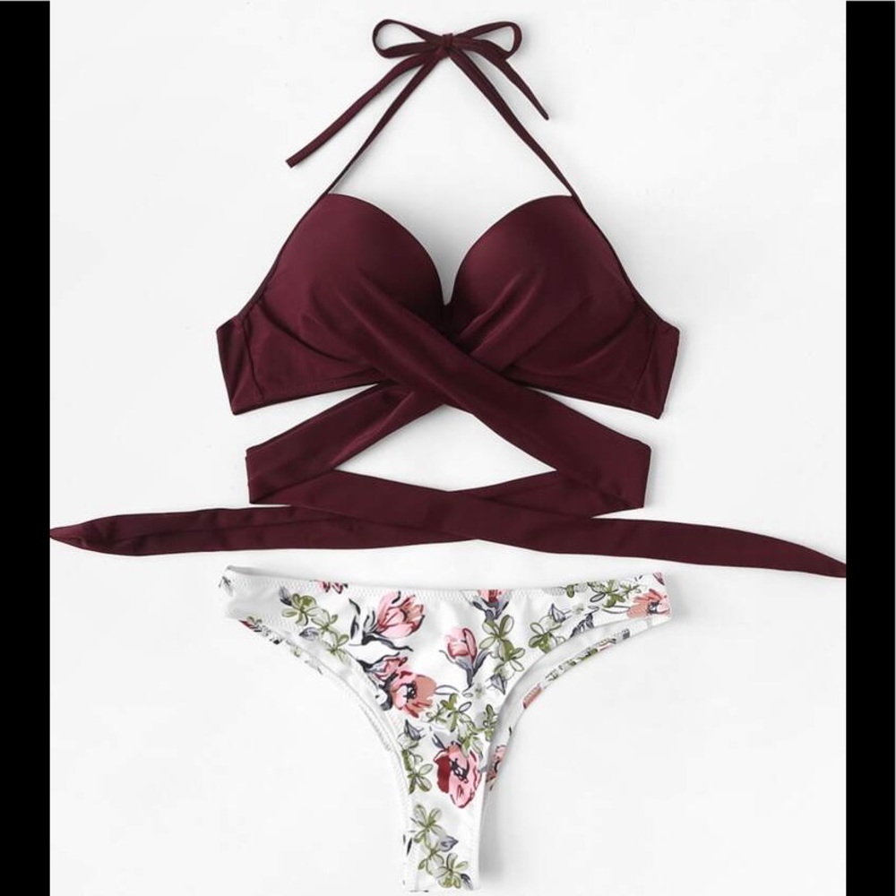 Two piece maroon/ floral swim suit